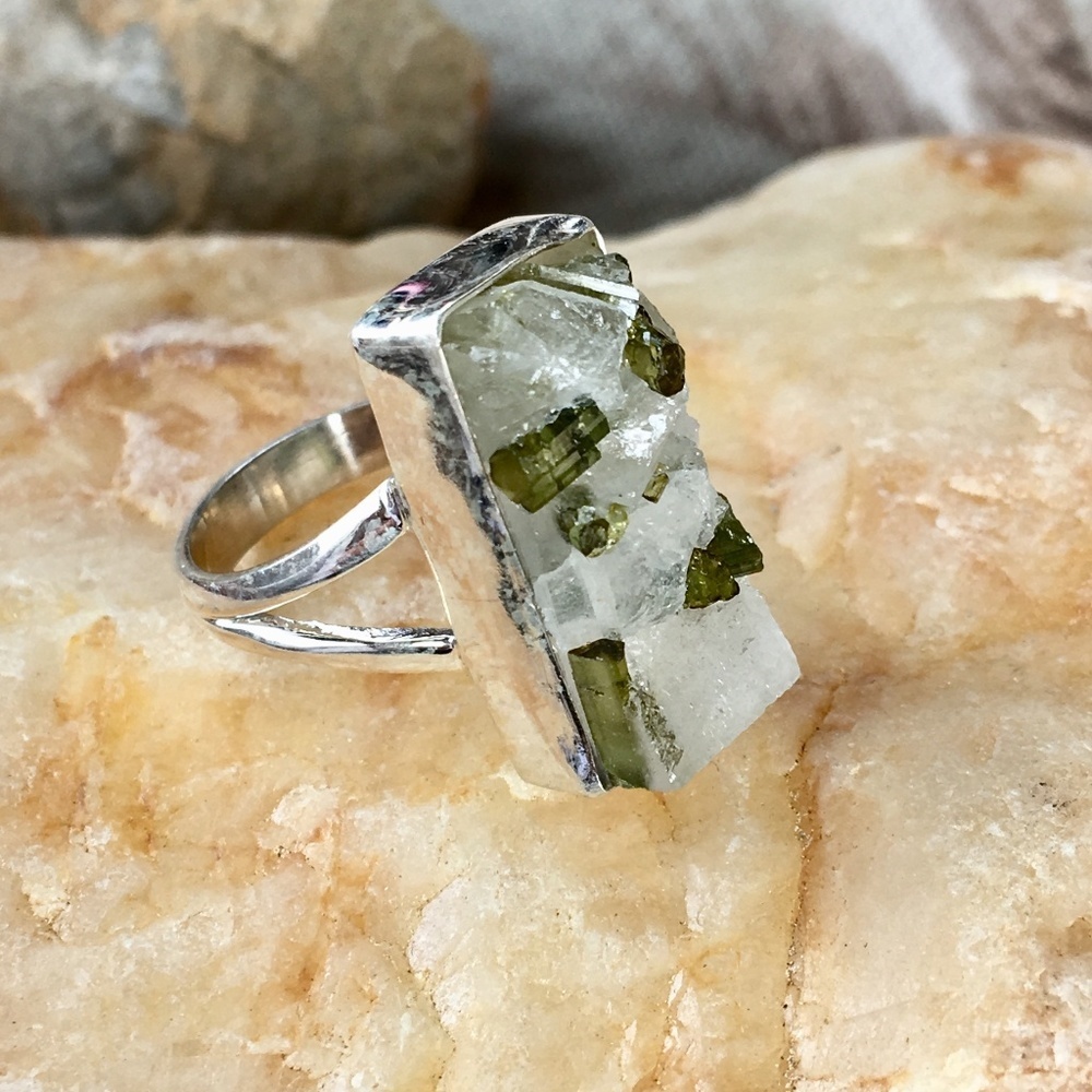 Green tourmaline crystals in quartz sterling ring